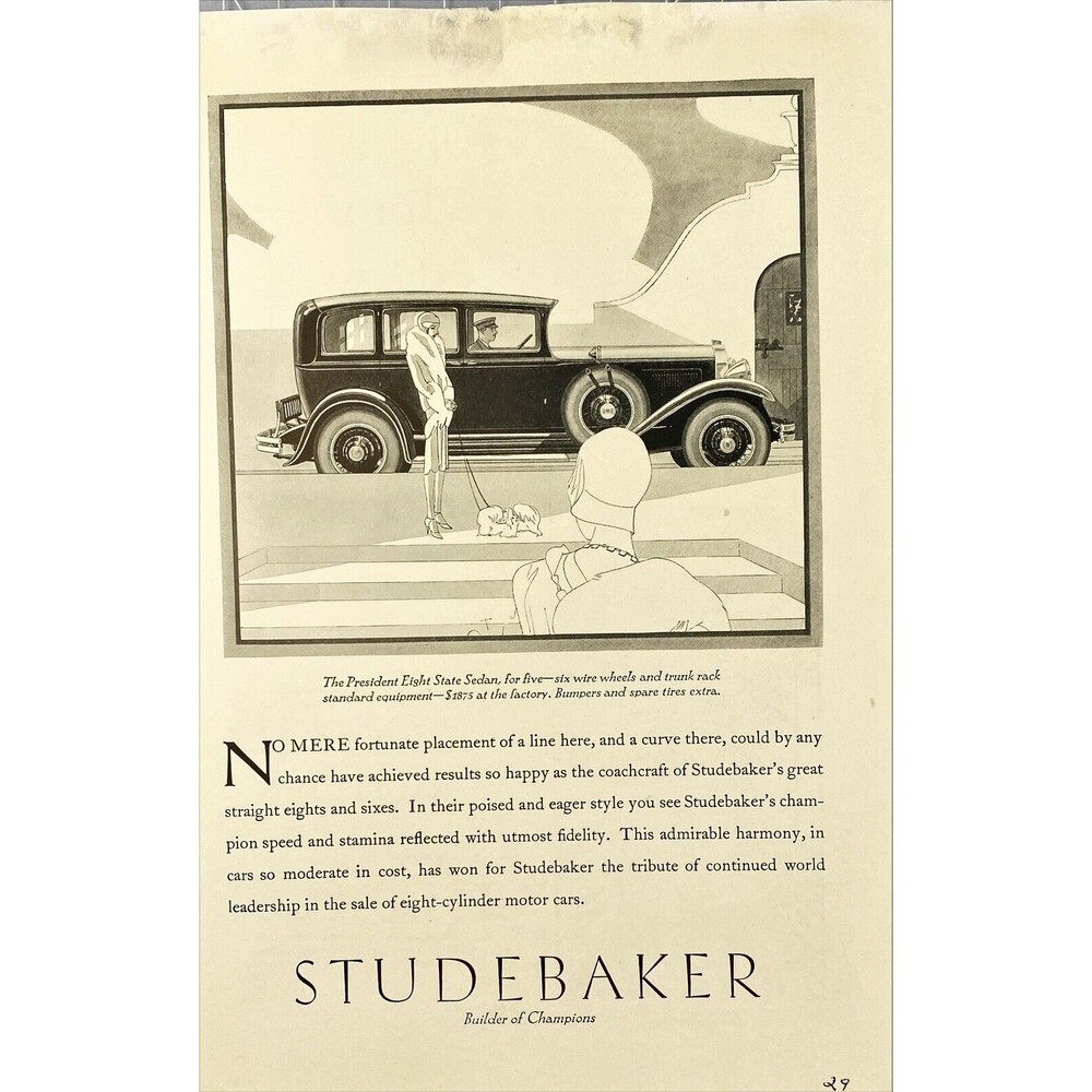 Studebaker "The President Eight State Sedan $1875 at Factory" Vtg Print Ad 1929